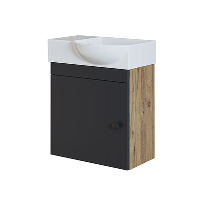 Roomart Waschtischunterschrank PUNTO mit Keramik-Waschbecken – Gäste-WC Badmöbel – Wasserhahn links