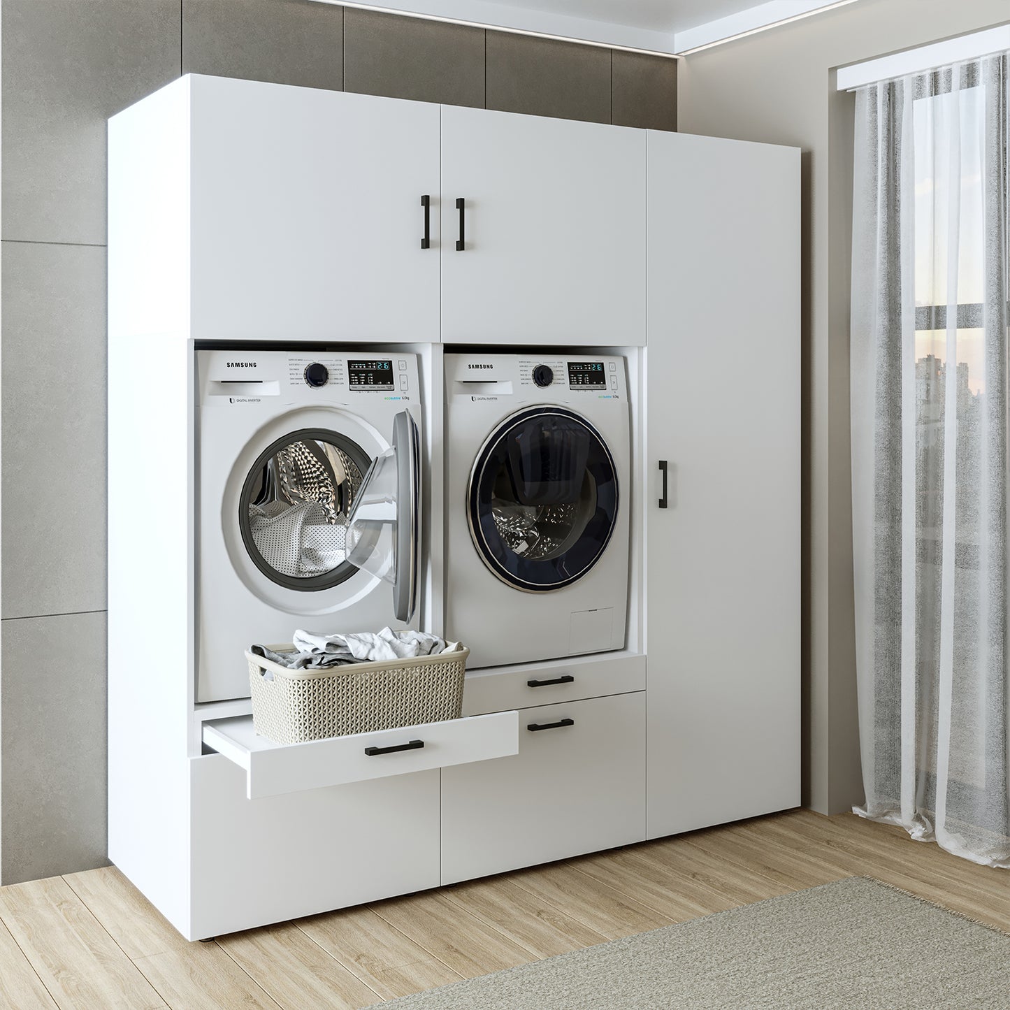 Roomart Waschmaschinenschrank Doppelschrank – SERIE 2 – 194 cm breit, Überbauschrank für Waschküche & Hauswirtschaftsraum – 205 cm hoch – mit Ausziehbrett & Schubladen – in 3 Farben