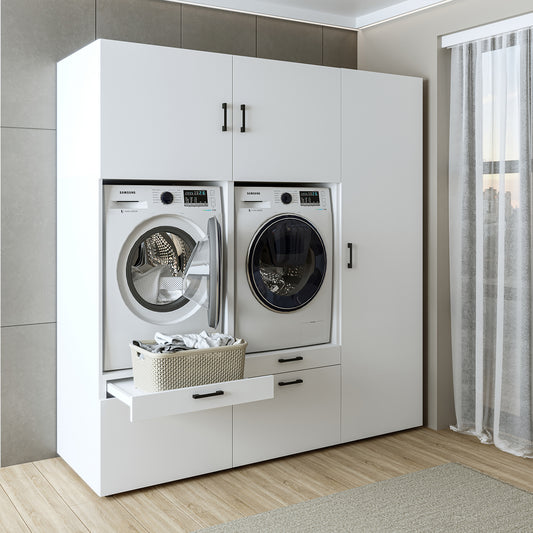 Roomart Waschmaschinenschrank Doppelschrank – SERIE 2 – 194 cm breit, Überbauschrank für Waschküche & Hauswirtschaftsraum – 205 cm hoch – mit Ausziehbrett & Schubladen – in 3 Farben