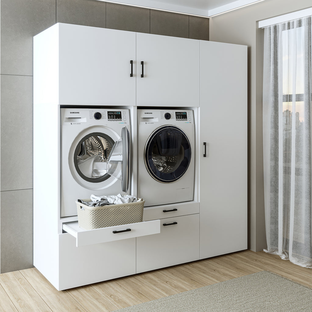 Roomart Waschmaschinenschrank Doppelschrank – SERIE 2 – 194 cm breit, Überbauschrank für Waschküche & Hauswirtschaftsraum – 205 cm hoch – mit Ausziehbrett & Schubladen – in 3 Farben