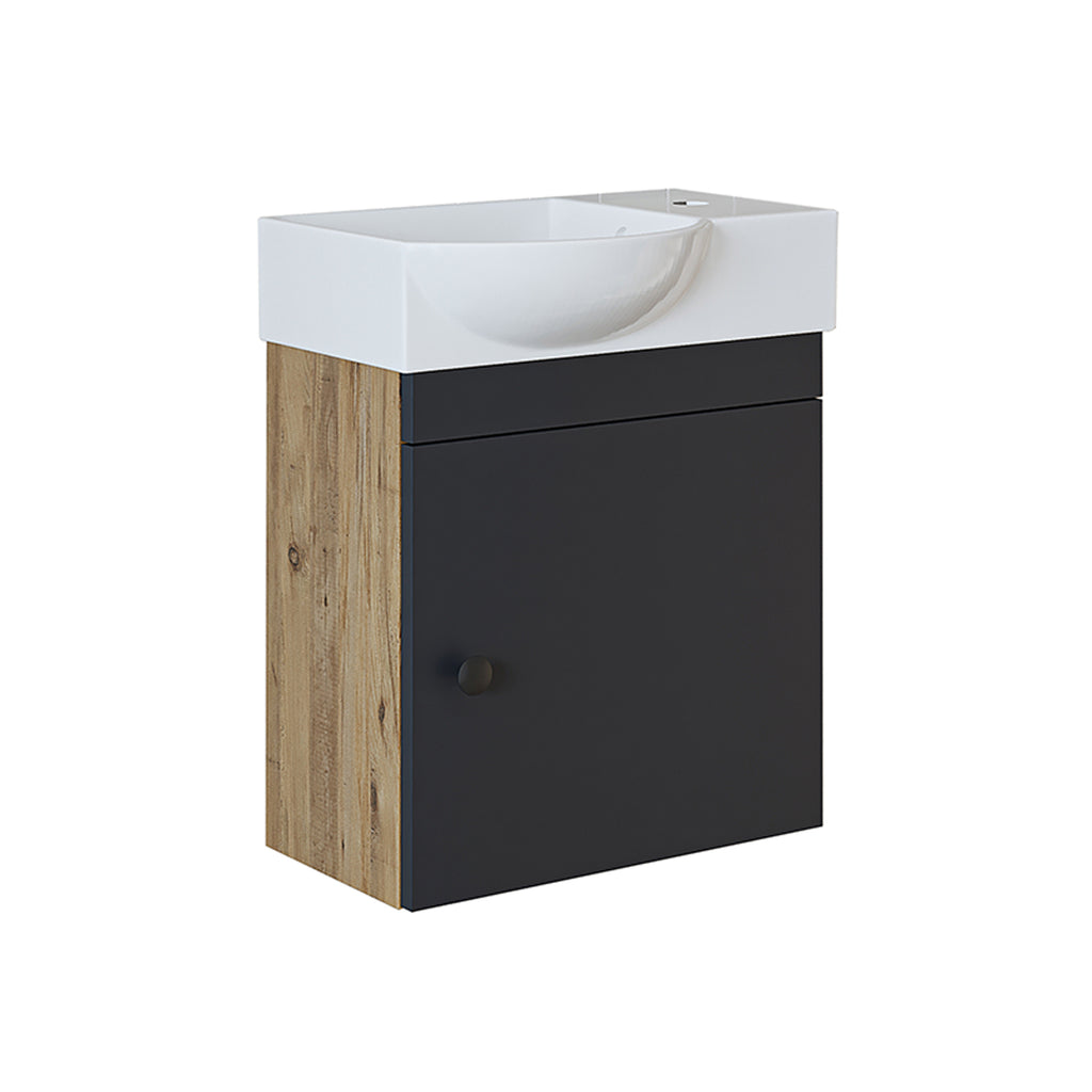 Roomart Waschtischunterschrank PUNTO mit Keramik-Waschbecken – Gäste-WC Badmöbel – Wasserhahn rechts