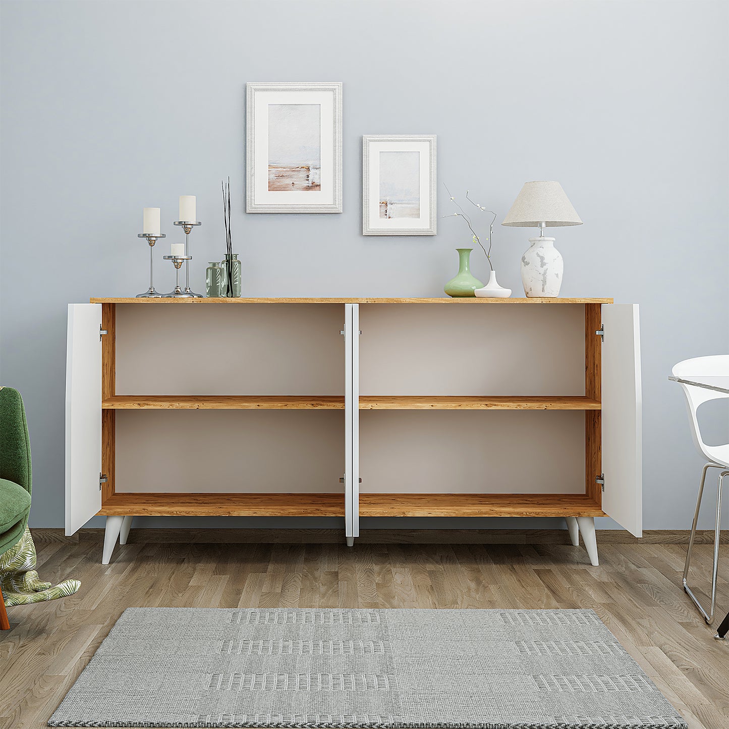 ROOMART Ospina Mehrzweckschrank in Weiß-Eiche– TV-Schrank, Esszimmerschrank & Aufbewahrungsschrank – 180 cm breit, 4 Fächer – Für Wohnzimmer, Esszimmer oder Kinderzimmer