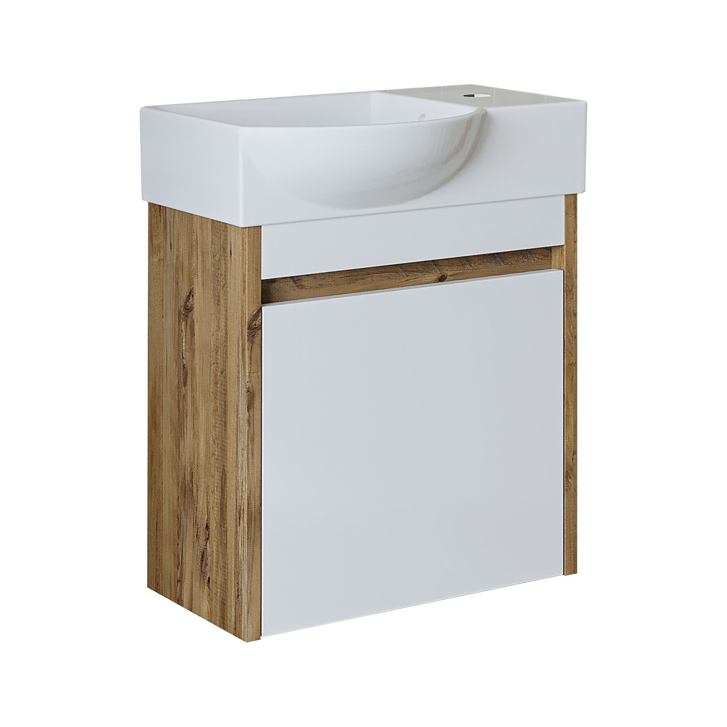 Roomart Waschtischunterschrank LEO mit Keramik-Waschbecken – Gäste-WC Badmöbel – Wasserhahn rechts