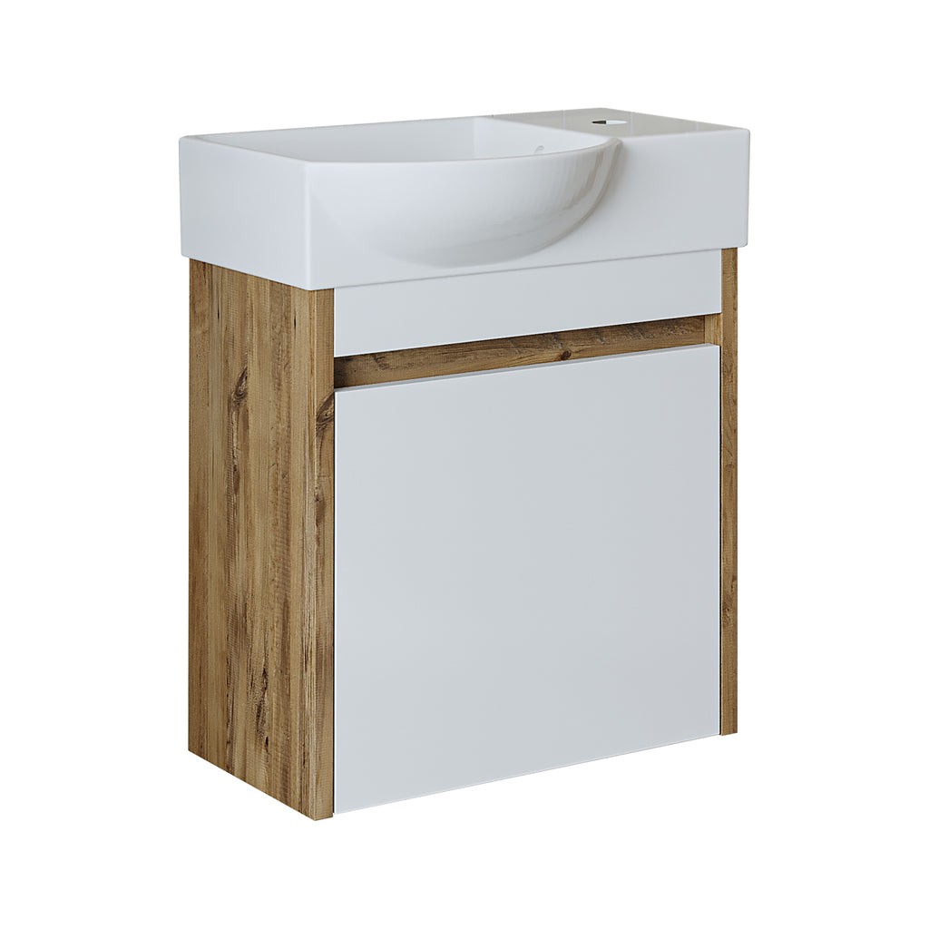 Roomart Waschtischunterschrank LEO mit Keramik-Waschbecken – Gäste-WC Badmöbel – Wasserhahn rechts