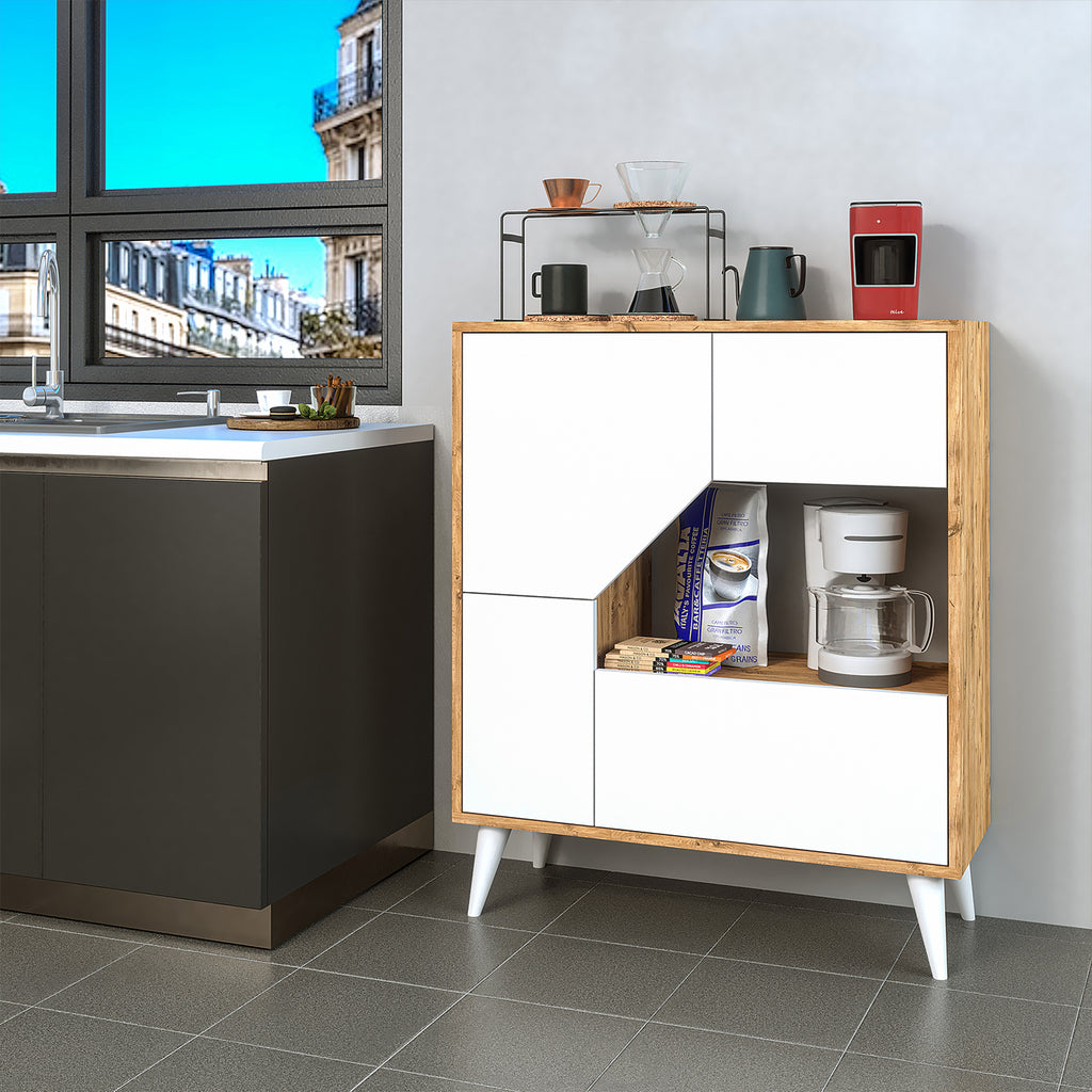 Roomart Pablo Mehrzweckschrank in Weiß-Eiche – Schrank mit Türen & Regalen – Aufbewahrungsschrank für Wohnzimmer, Schlafzimmer, Esszimmer oder Büro – Modern & platzsparend