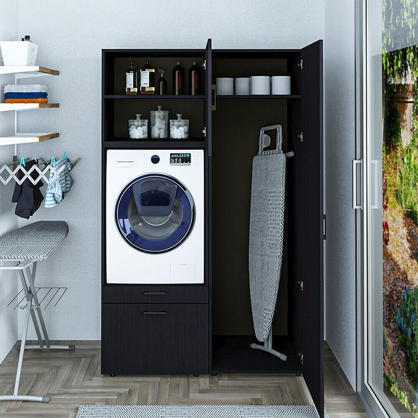 Roomart Schrankwand mit Hochschrank – SERIE 2 -  127 cm breit,  Badschrank & Mehrzweckschrank für Waschküche/Waschraum – Weiß / Schwarz-Eiche