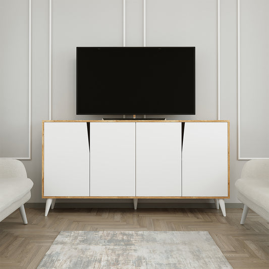 ROOMART Ospina Mehrzweckschrank in Weiß-Eiche– TV-Schrank, Esszimmerschrank & Aufbewahrungsschrank – 180 cm breit, 4 Fächer – Für Wohnzimmer, Esszimmer oder Kinderzimmer