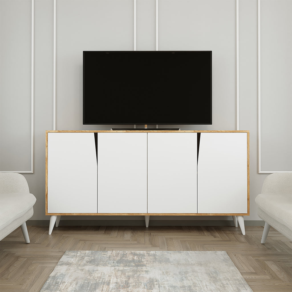 ROOMART Ospina Mehrzweckschrank in Weiß-Eiche– TV-Schrank, Esszimmerschrank & Aufbewahrungsschrank – 180 cm breit, 4 Fächer – Für Wohnzimmer, Esszimmer oder Kinderzimmer