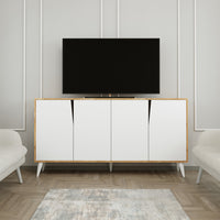 ROOMART Ospina Mehrzweckschrank in Weiß-Eiche– TV-Schrank, Esszimmerschrank & Aufbewahrungsschrank – 180 cm breit, 4 Fächer – Für Wohnzimmer, Esszimmer oder Kinderzimmer