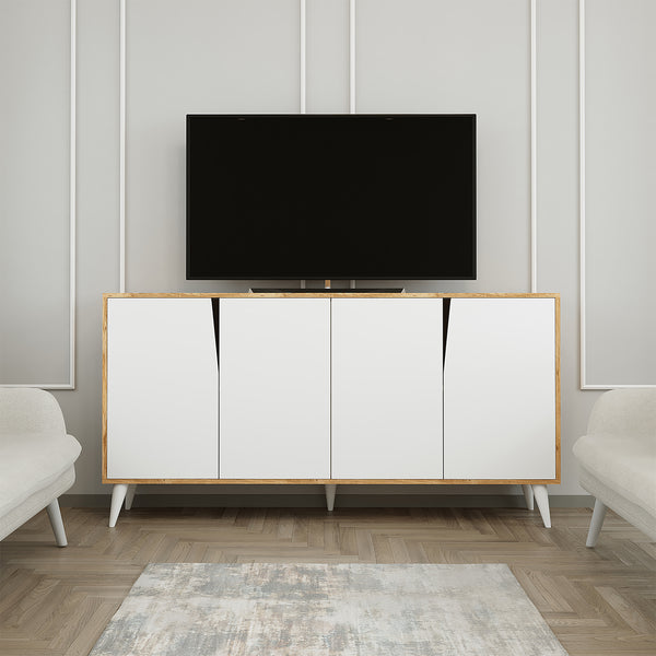 ROOMART Ospina Mehrzweckschrank Weiß-Eiche – TV-Schrank, Aufbewahrungsschrank & Sideboard mit 4 Fächern – 180 cm breit – Für Wohnzimmer, Esszimmer & Kinderzimmer