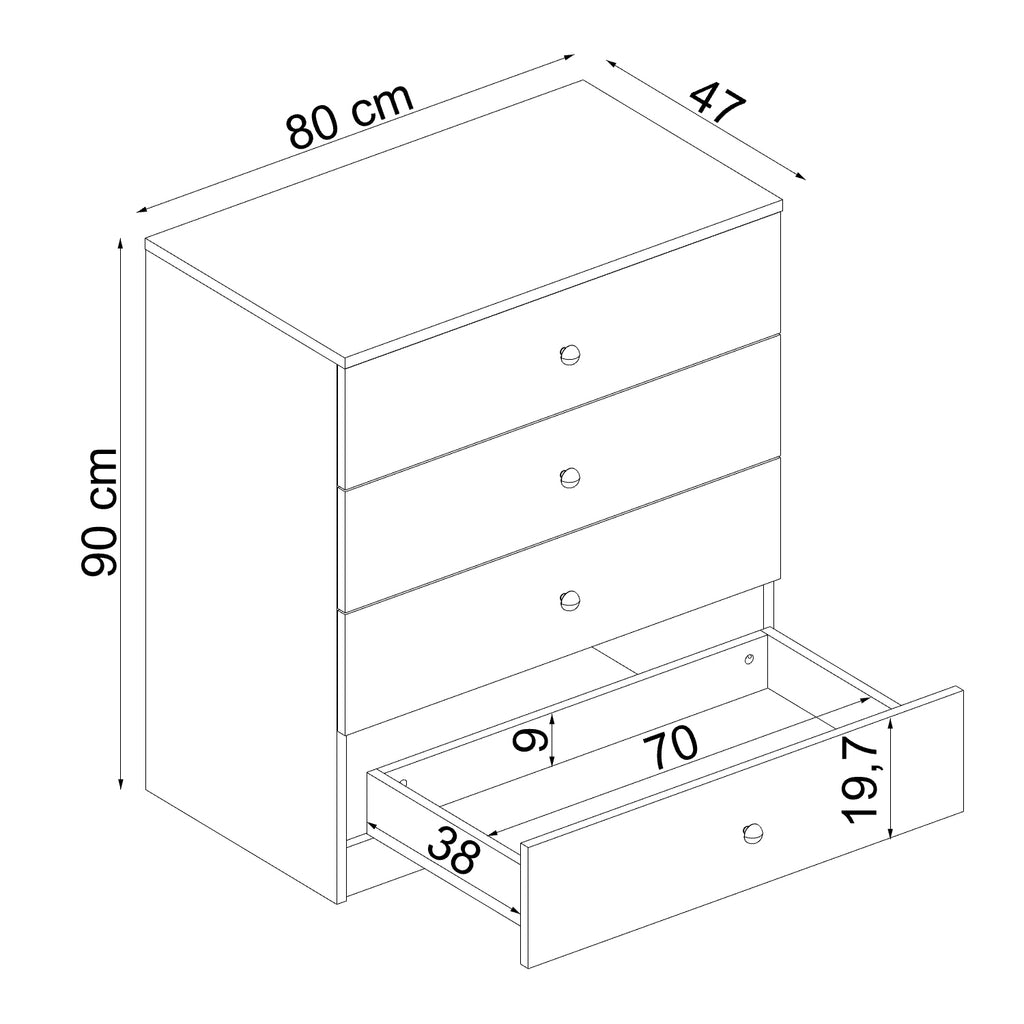 Roomart SIFO Mehrzweckschrank in Weiß – Schrank mit 4 Schubladen – Aufbewahrungsschrank für Wohnzimmer, Schlafzimmer, Esszimmer oder Büro – Modernes Design