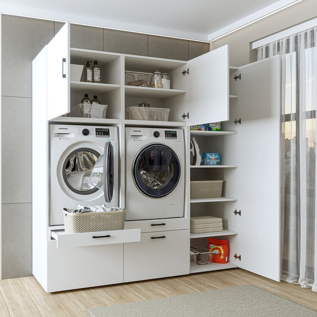 Roomart Waschmaschinenschrank Doppelschrank – SERIE 2 – 194 cm breit, Überbauschrank für Waschküche & Hauswirtschaftsraum – 205 cm hoch – mit Ausziehbrett & Schubladen – in 3 Farben