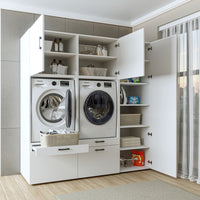 Roomart Waschmaschinenschrank Doppelschrank – SERIE 2 – 194 cm breit, Überbauschrank für Waschküche & Hauswirtschaftsraum – 205 cm hoch – mit Ausziehbrett & Schubladen – in 3 Farben