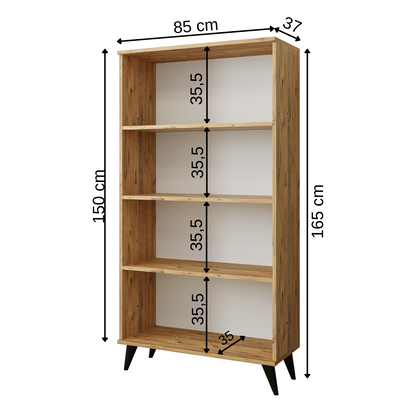 Roomart RETRA-02 Mehrzweckschrank / Bücherschrank mit Türen – 4 Fächer, 3 Regalböden – 165 x 85 x 37 cm (H x B x T) – Aufbewahrungsschrank für Wohnzimmer, Kinderzimmer oder Büro – Eiche