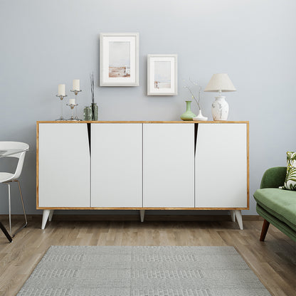 ROOMART Ospina Mehrzweckschrank in Weiß-Eiche– TV-Schrank, Esszimmerschrank & Aufbewahrungsschrank – 180 cm breit, 4 Fächer – Für Wohnzimmer, Esszimmer oder Kinderzimmer