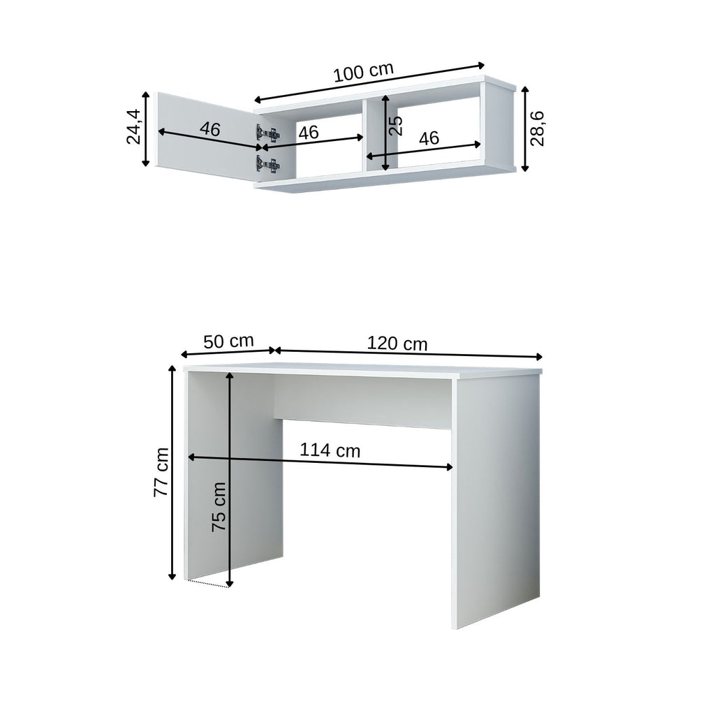 Roomart SERA Schreibtisch 120x50x77 cm mit Wandmontierbarem Aufbewahrungsschrank – Regal-Schrankschreibtisch, Laptoptisch & Arbeitstisch – Weiß – Ideal für Kinderzimmer, Home-Office & Arbeitszimmer
