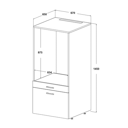 Roomart Waschmaschinenschrank für Hauswirtschaftsraum – SERIE 2 - Überbauschrank mit Schublade & Ausziehbrett, 145 × 67 × 66,8 cm – Weiß / Schwarz-Eiche / Eiche