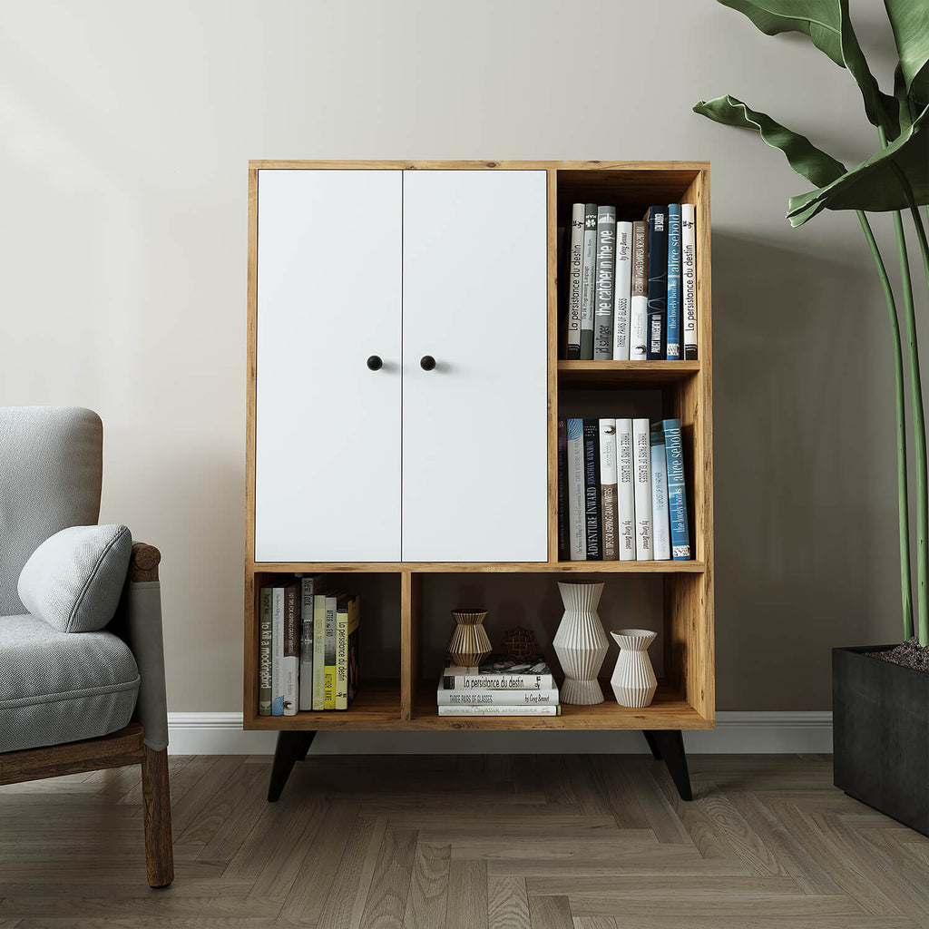 Roomart, Wohnzimmerschrank, Kommode, Aufbewahrungsschrank, Küchenschrank, Mehrzweckschrank mit Türen und Regalen, für Flur, Wohnzimmer, Schlafzimmer, Esszimmer, HBT: 125x90x35 cm, in Weiß-Eiche 