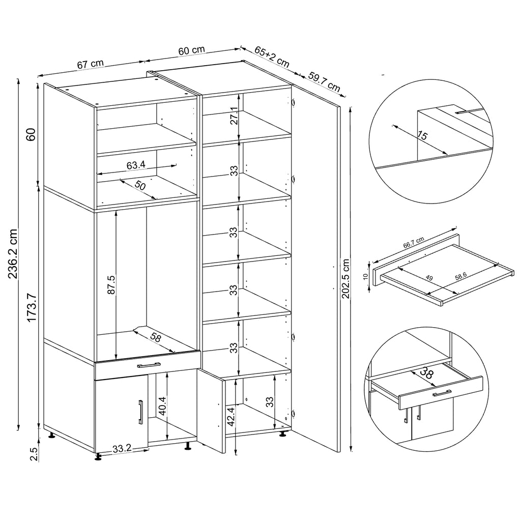 Roomart A3+B1+C60 Waschmaschinenschrank 236 cm – Soft-Close, Stauraum | 3 Farben