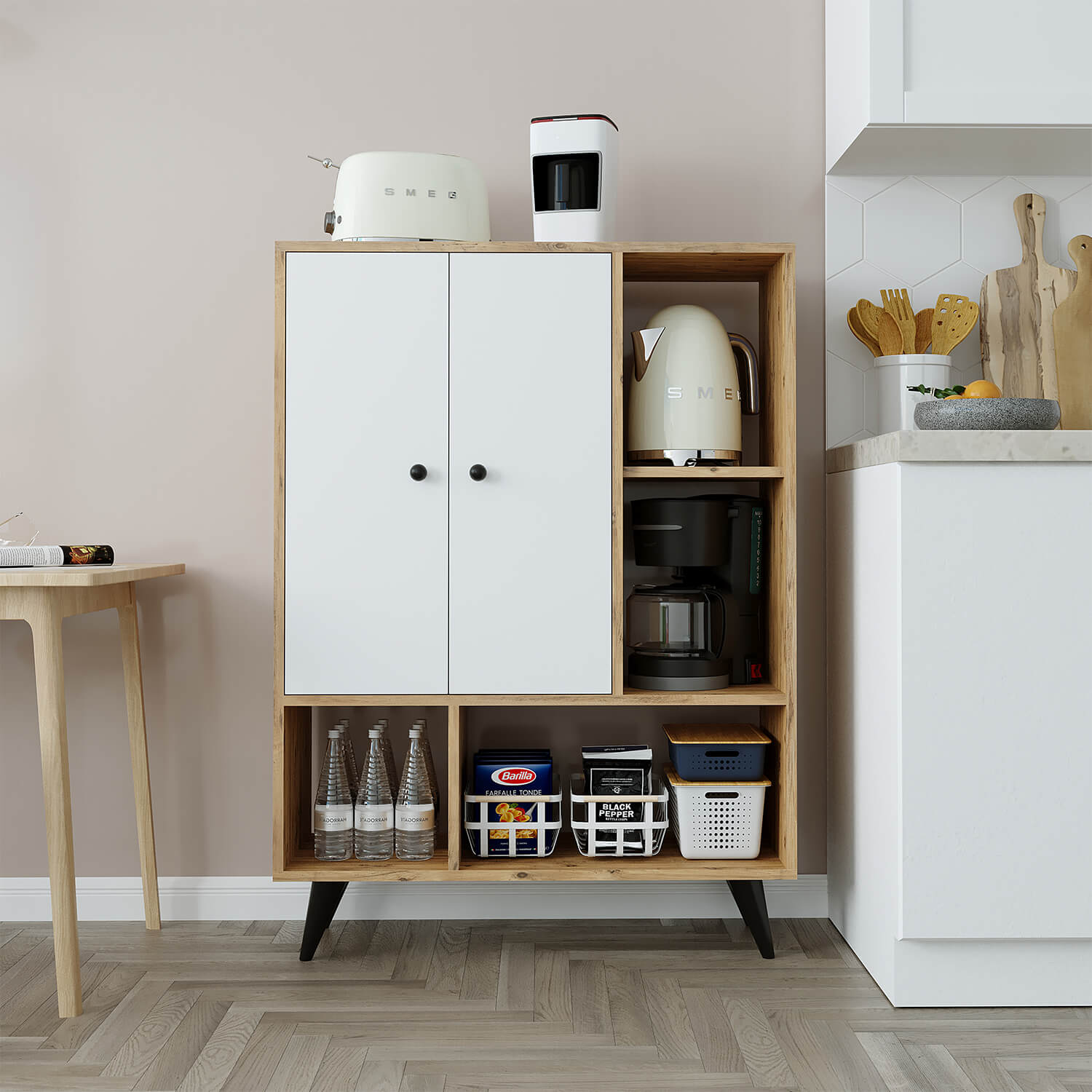 Roomart, Wohnzimmerschrank, Kommode, Aufbewahrungsschrank, Küchenschrank, Mehrzweckschrank mit Türen und Regalen, für Flur, Wohnzimmer, Schlafzimmer, Esszimmer, HBT: 125x90x35 cm, in Weiß-Eiche 