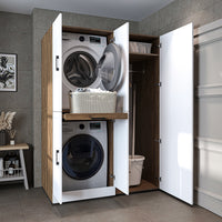 Roomart washing machine cabinet " DORA SET" for dryer & washing machine, 130 cm wide, in 4 colors, with doors & pull-out shelf - white - white oak - anthracite oak - oak - washing machine cabinet, washing machine shelf, washing tower, cabinet, white, washing machine