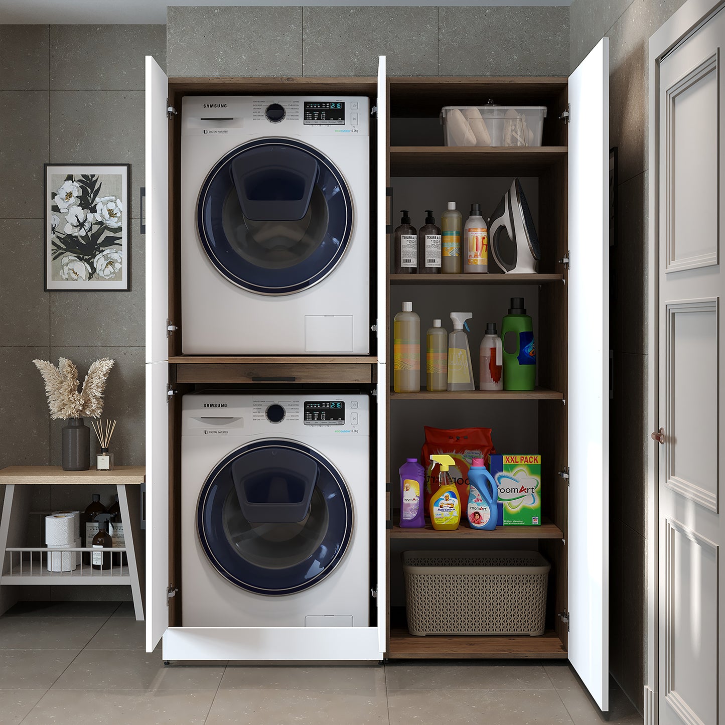 Roomart Waschmaschinenschrank " DORA SET" für Trockner & Waschmaschine, 130 cm breit,  in 4 Farben, mit Türen & Ausziehbrett • Weiß • Weiß Eiche • Anthrazit Eiche • Eiche