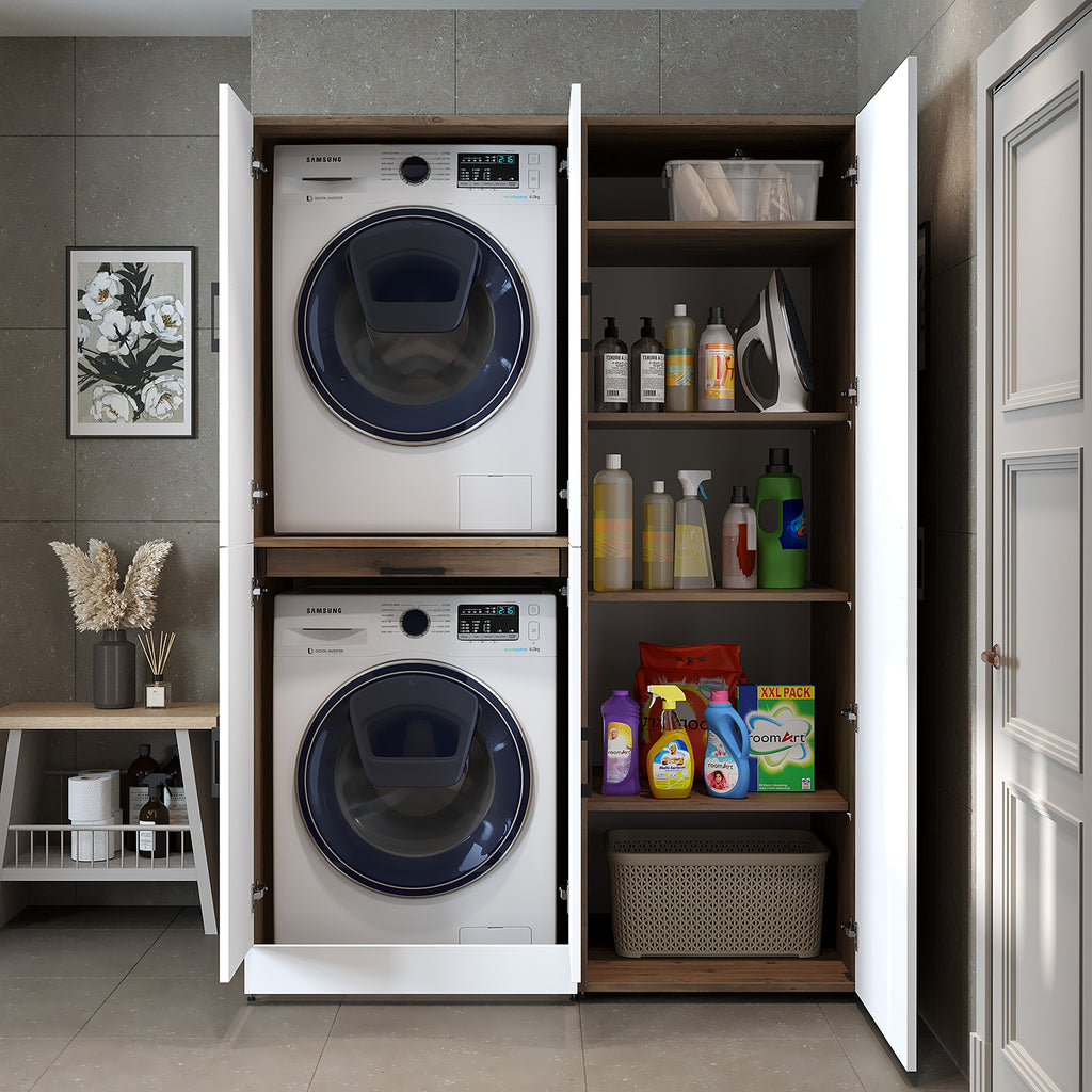 Roomart washing machine cabinet " DORA SET" for dryer & washing machine, 130 cm wide, in 4 colors, with doors & pull-out shelf - white - white oak - anthracite oak - oak