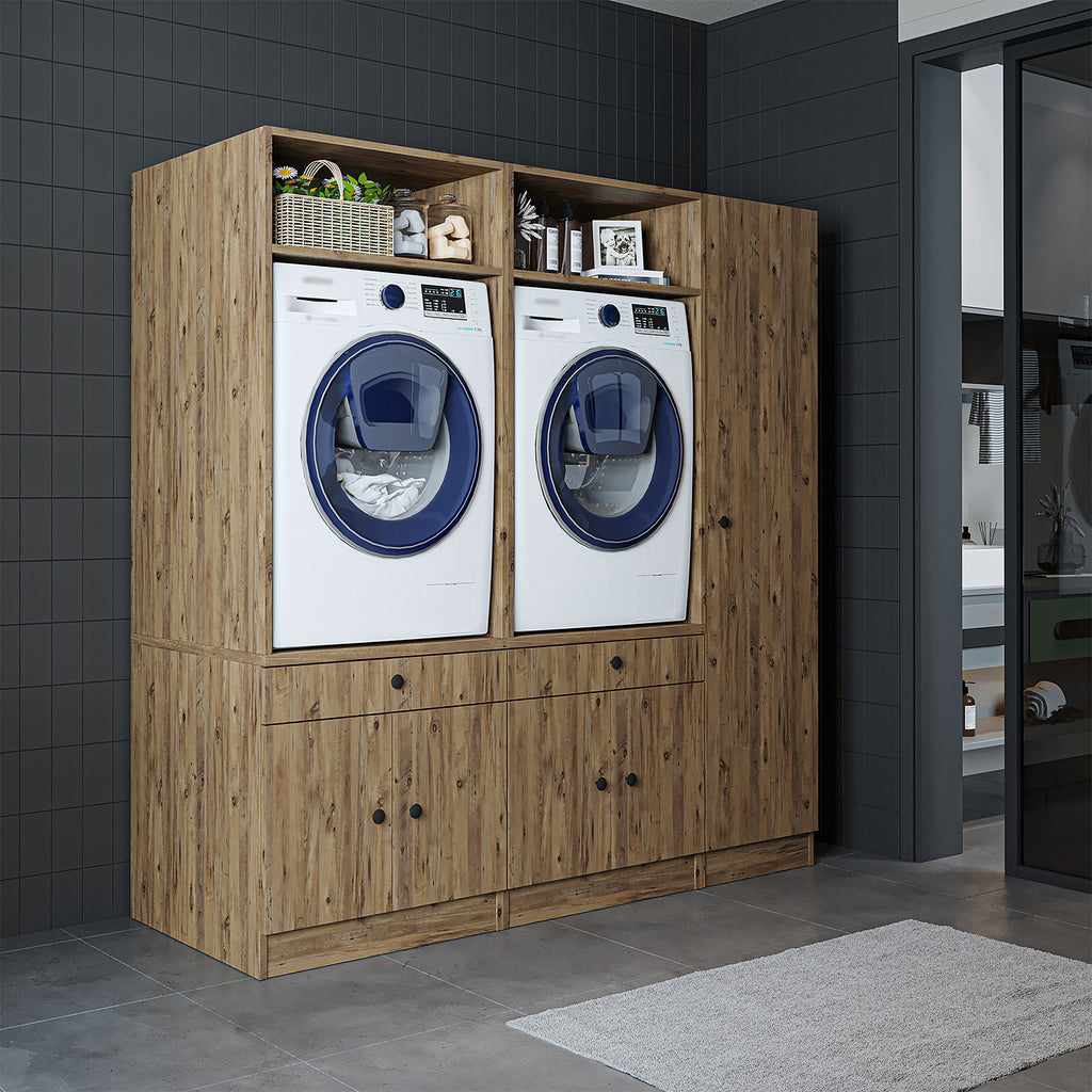 Roomart Waschmaschinenschrank Doppelschrank SERIE 3 – 179 cm breit, 2× Waschmaschine nebeneinander mit Ausziehbrett & Hochschrank – Waschküche & Hauswirtschaftsraum – Eiche / Schwarz-Eiche / Weiß