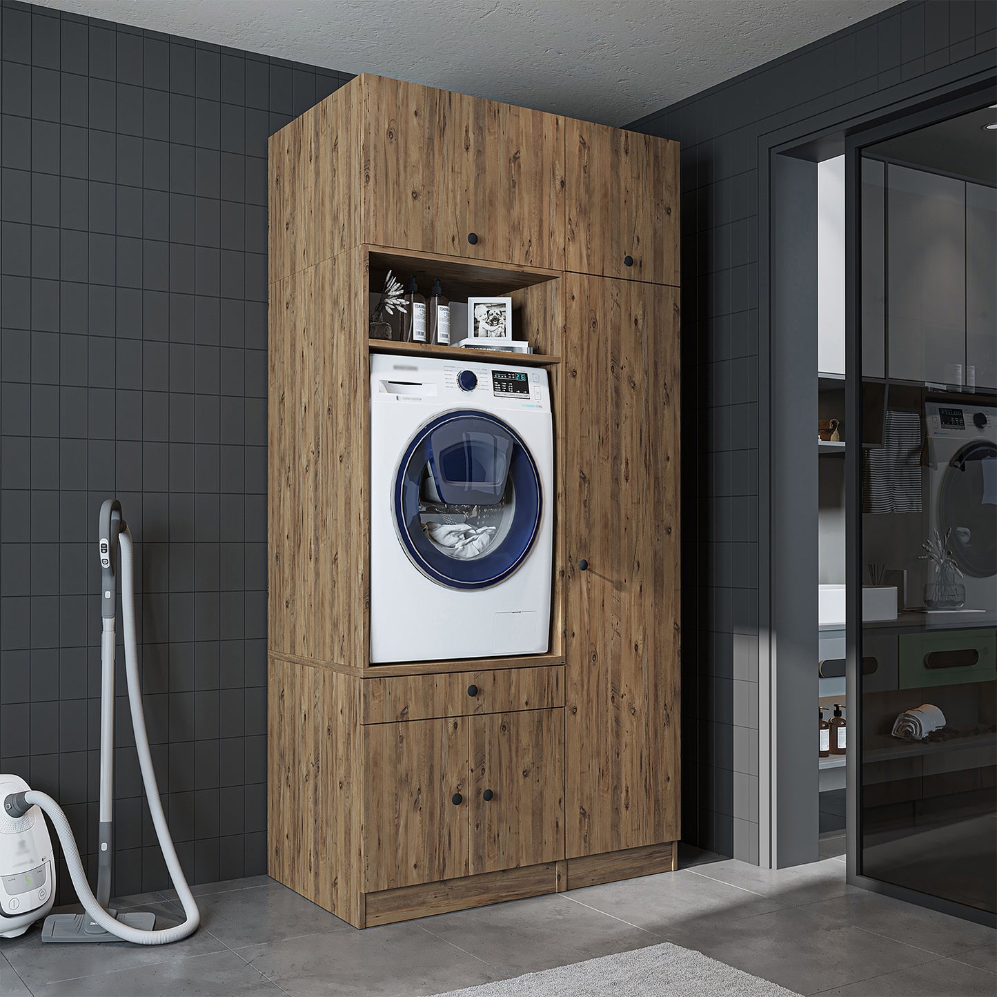 Roomart SERIE 3 Waschmaschinenschrank 112 cm – 230 cm hoch, Ausziehbrett & Hochschrank | in 3 Farben