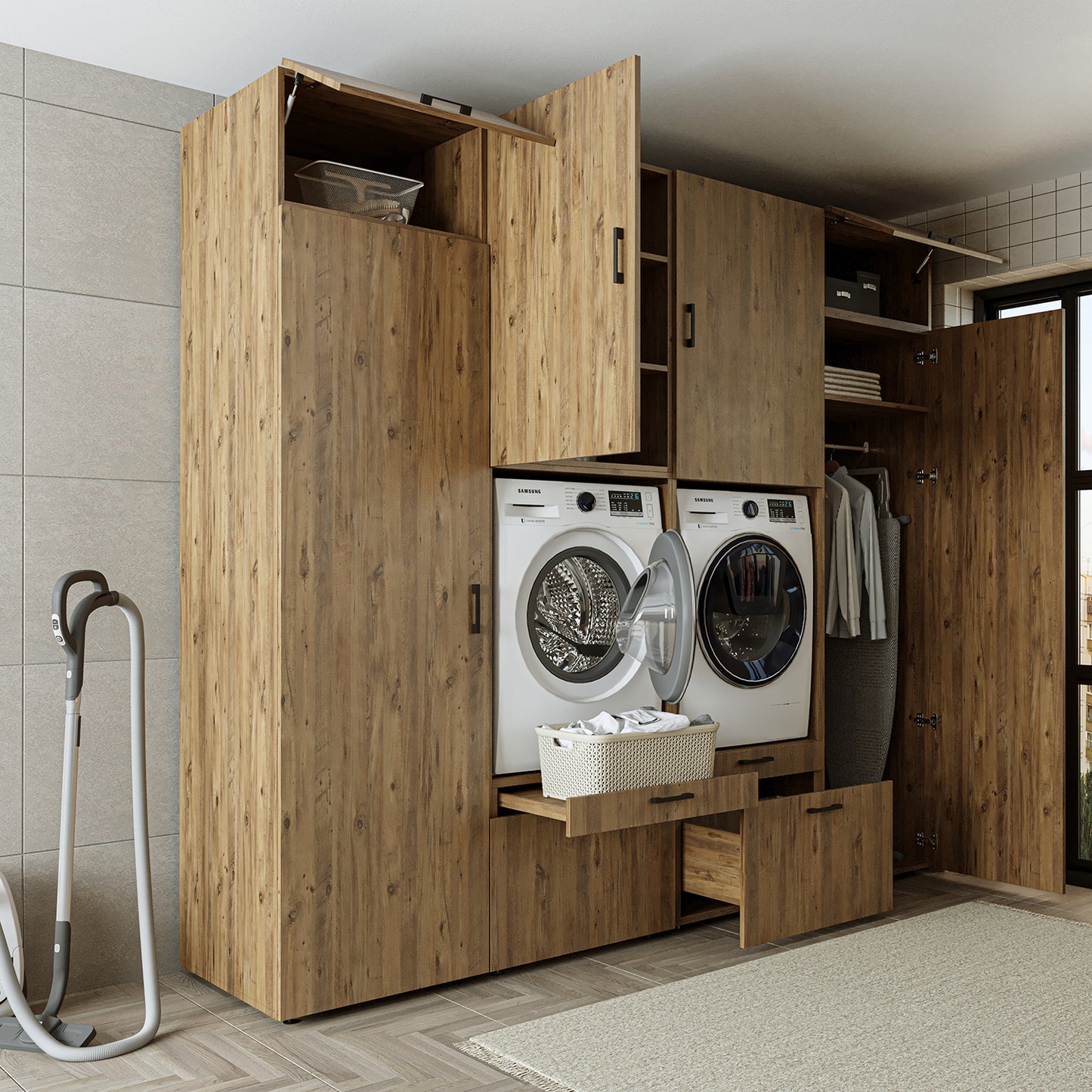 Roomart Waschmaschinenschrank SERIE 2 – Doppelschrank mit Seitenschränken, 3 Farben