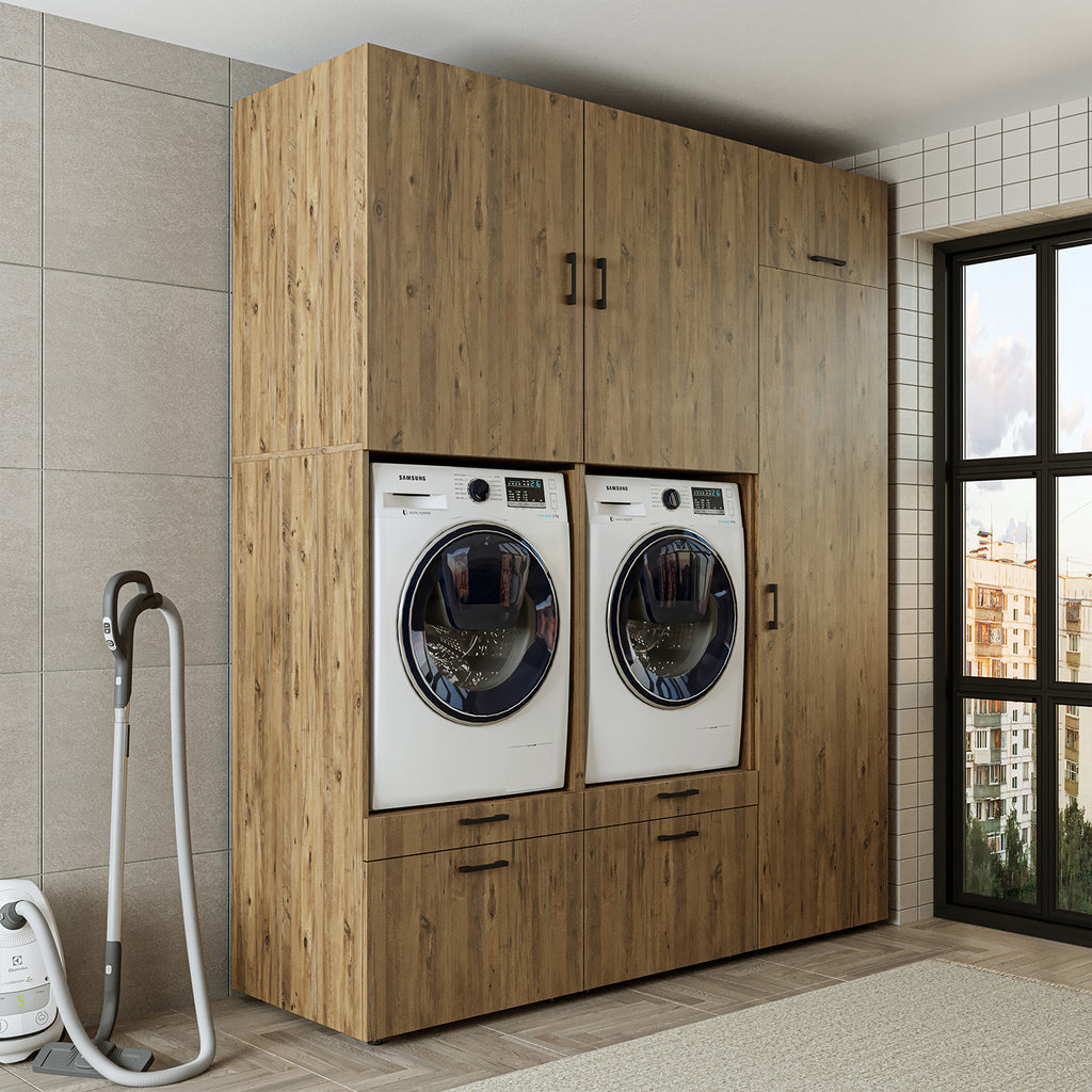 Roomart Waschmaschinenschrank Doppelschrank – SERIE 2 – Überbauschrank für Waschküche & Hauswirtschaftsraum – mit Ausziehbrett & Schubladen – in 3 Farben