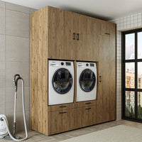 Roomart Waschmaschinenschrank Doppelschrank – SERIE 2 – Überbauschrank für Waschküche & Hauswirtschaftsraum – mit Ausziehbrett & Schubladen – in 3 Farben