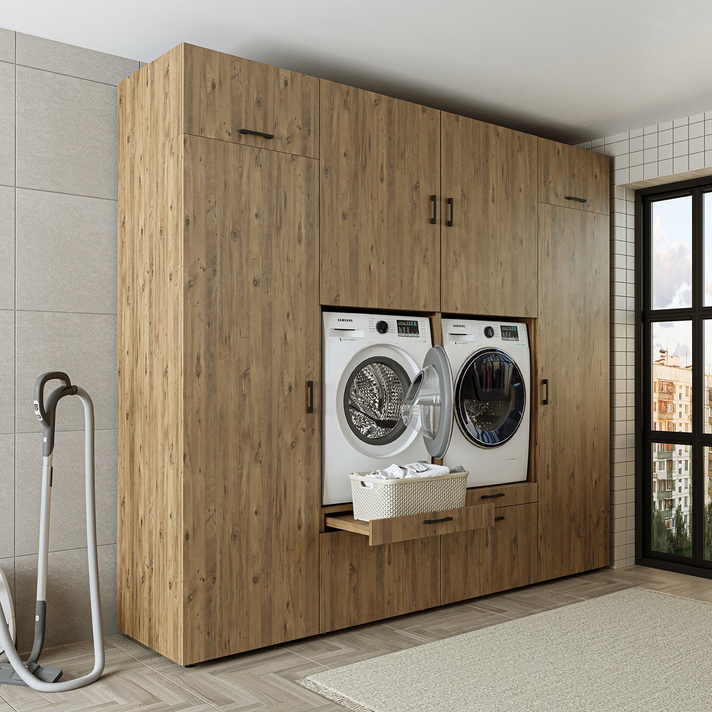 Roomart Waschmaschinenschrank SERIE 2 – Doppelschrank mit Seitenschränken, 3 Farben