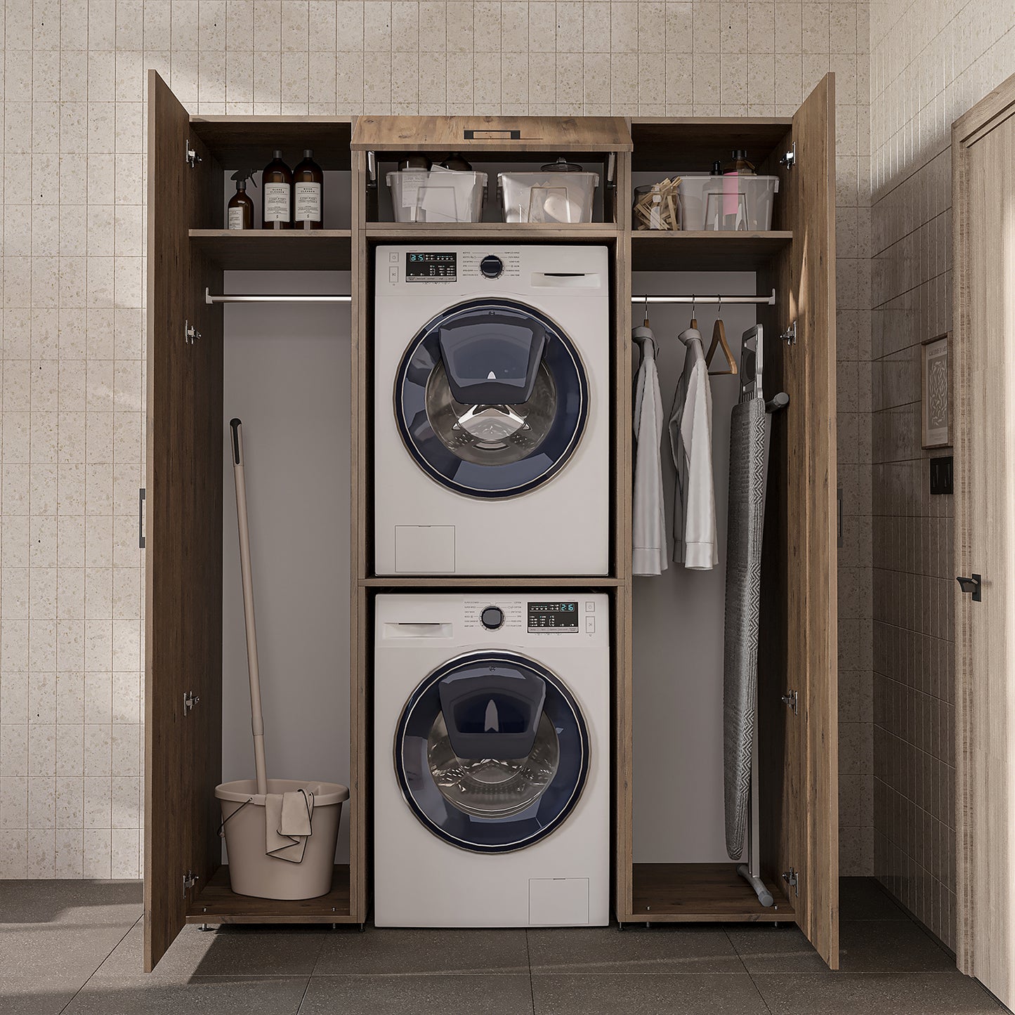 Roomart DUO-I Schrankwand 157 cm – Waschmaschine & Trockner übereinander, Hochschrank | in 2 Farben
