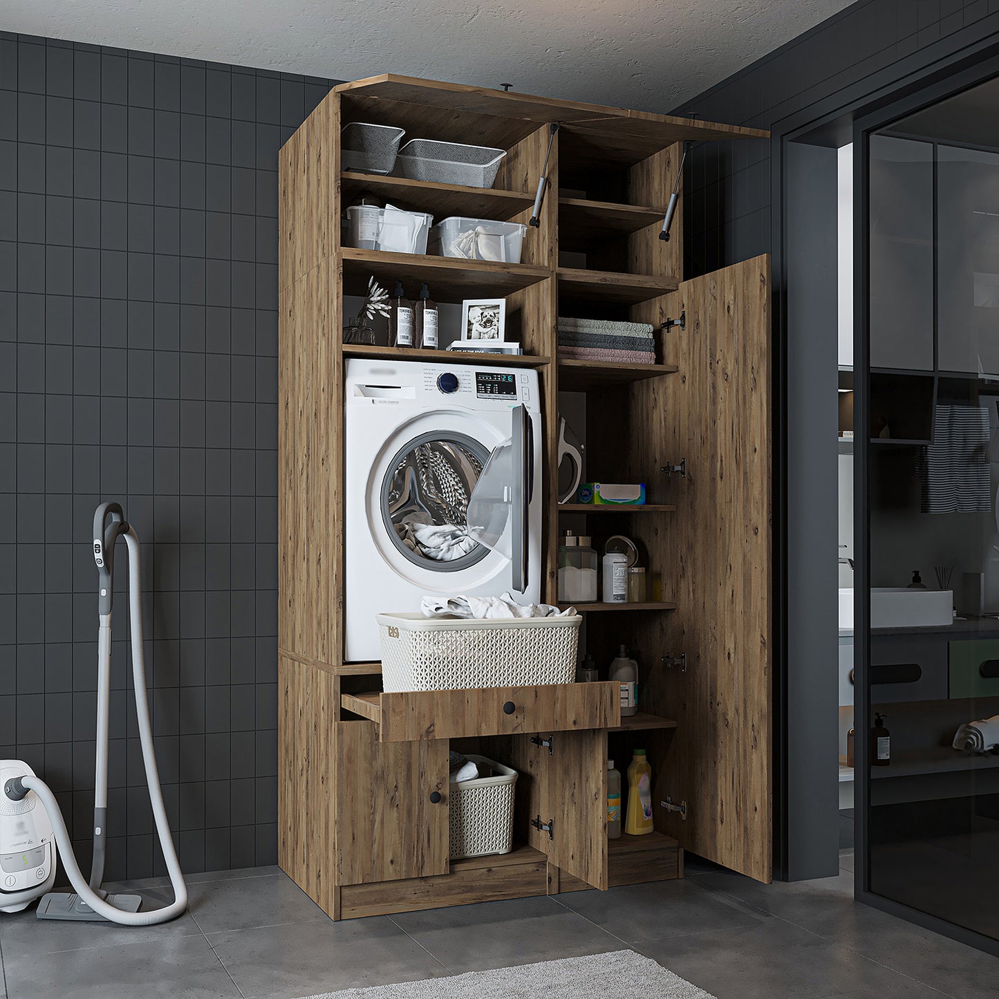 Roomart SERIE 3 Waschmaschinenschrank 112 cm – 230 cm hoch, Ausziehbrett & Hochschrank | in 3 Farben