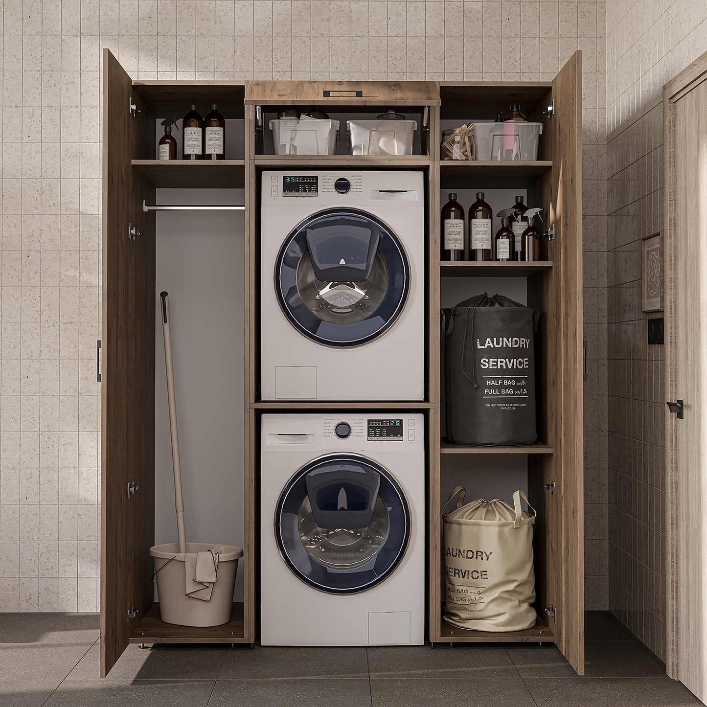 Roomart DUO-I Schrankwand 157 cm – Waschmaschine & Trockner übereinander, Hochschrank | in 2 Farben