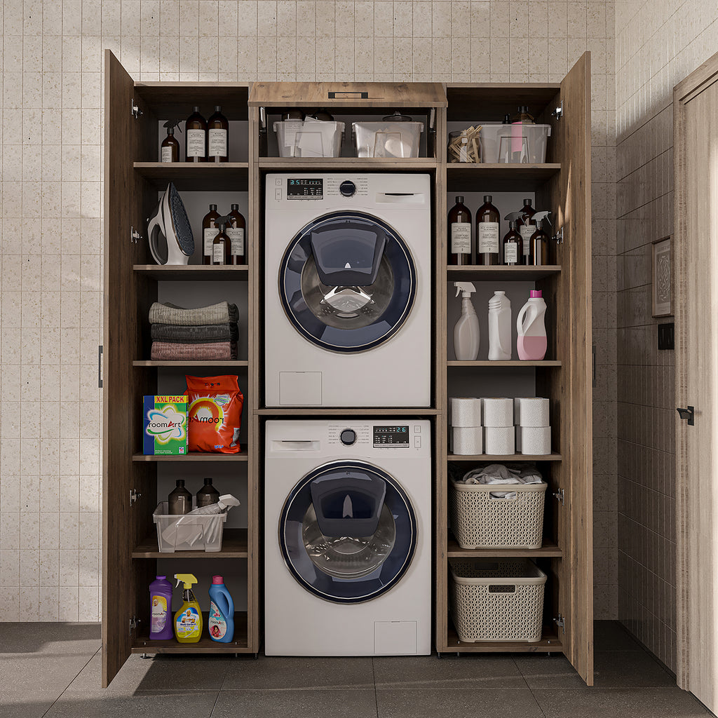 Roomart DUO-I Schrankwand 157 cm – Waschmaschine & Trockner übereinander, Hochschrank | in 2 Farben