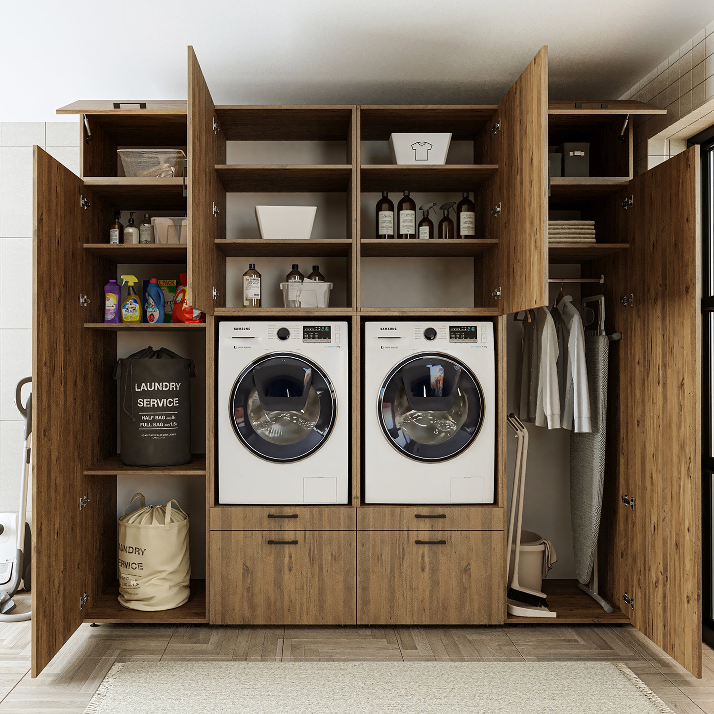 Roomart Waschmaschinenschrank SERIE 2 – Doppelschrank mit Seitenschränken, 3 Farben