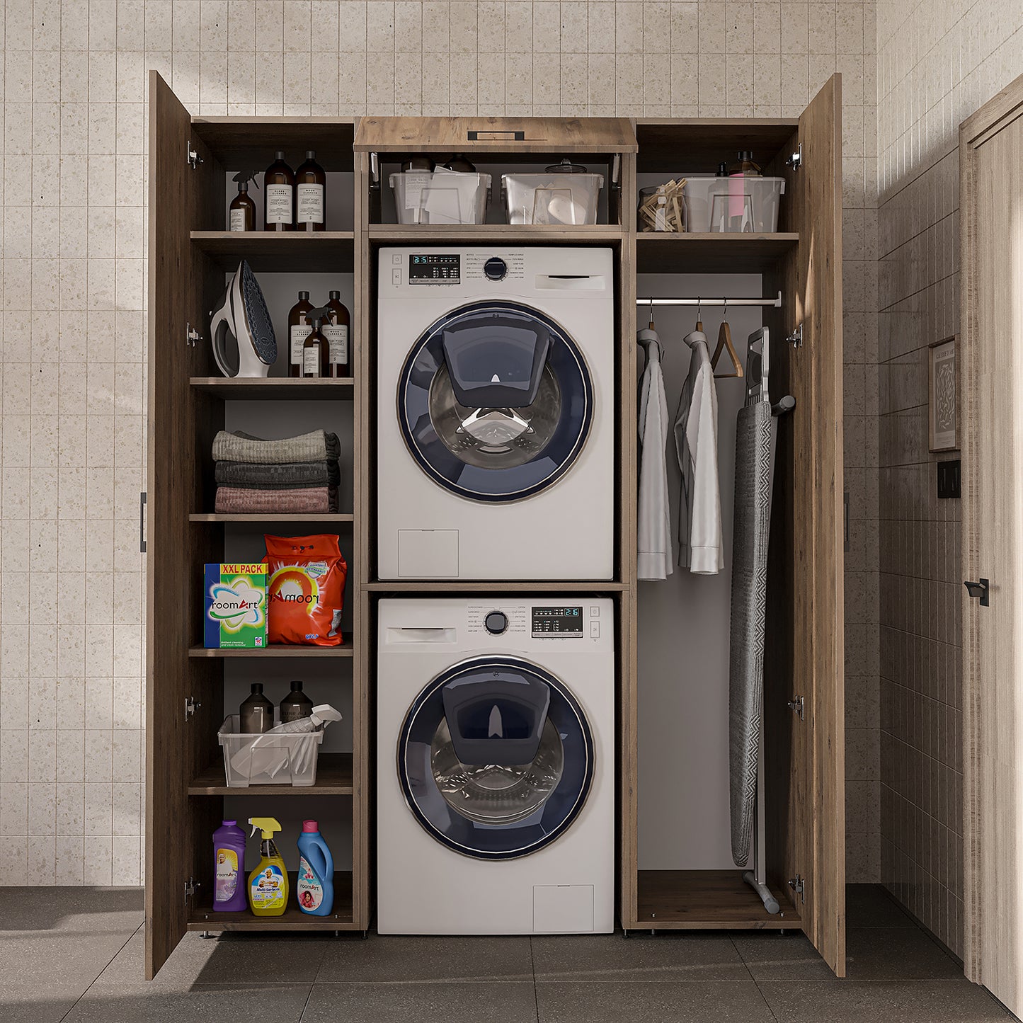 Roomart DUO-I Schrankwand 157 cm – Waschmaschine & Trockner übereinander, Hochschrank | in 2 Farben