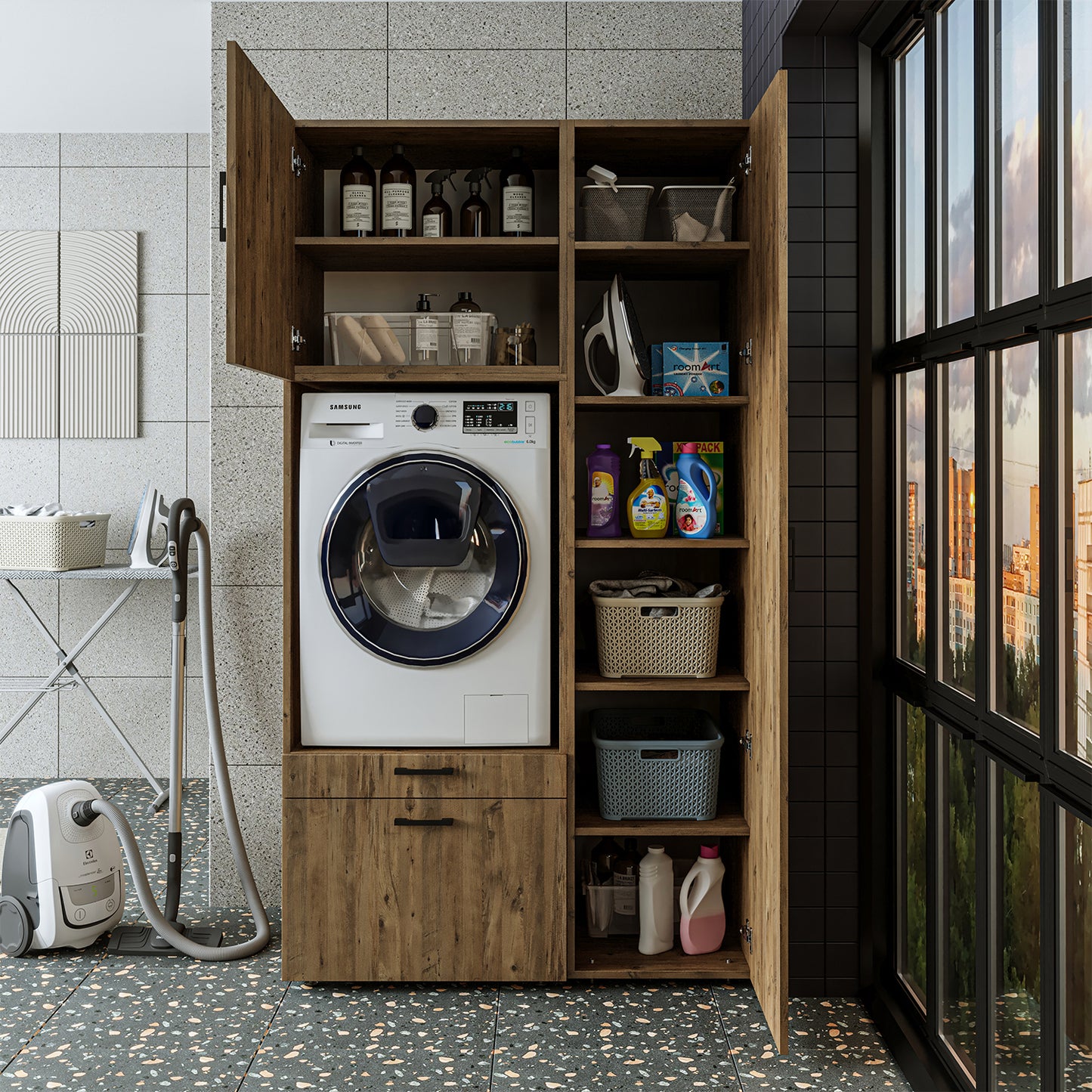 Roomart Waschmaschinenschrank SERIE 2 – Überbauschrank mit Schublade, Überbauschrank für Waschküche & Hauswirtschaftsraum – mit Ausziehbrett & Schublade – in 3 Farben