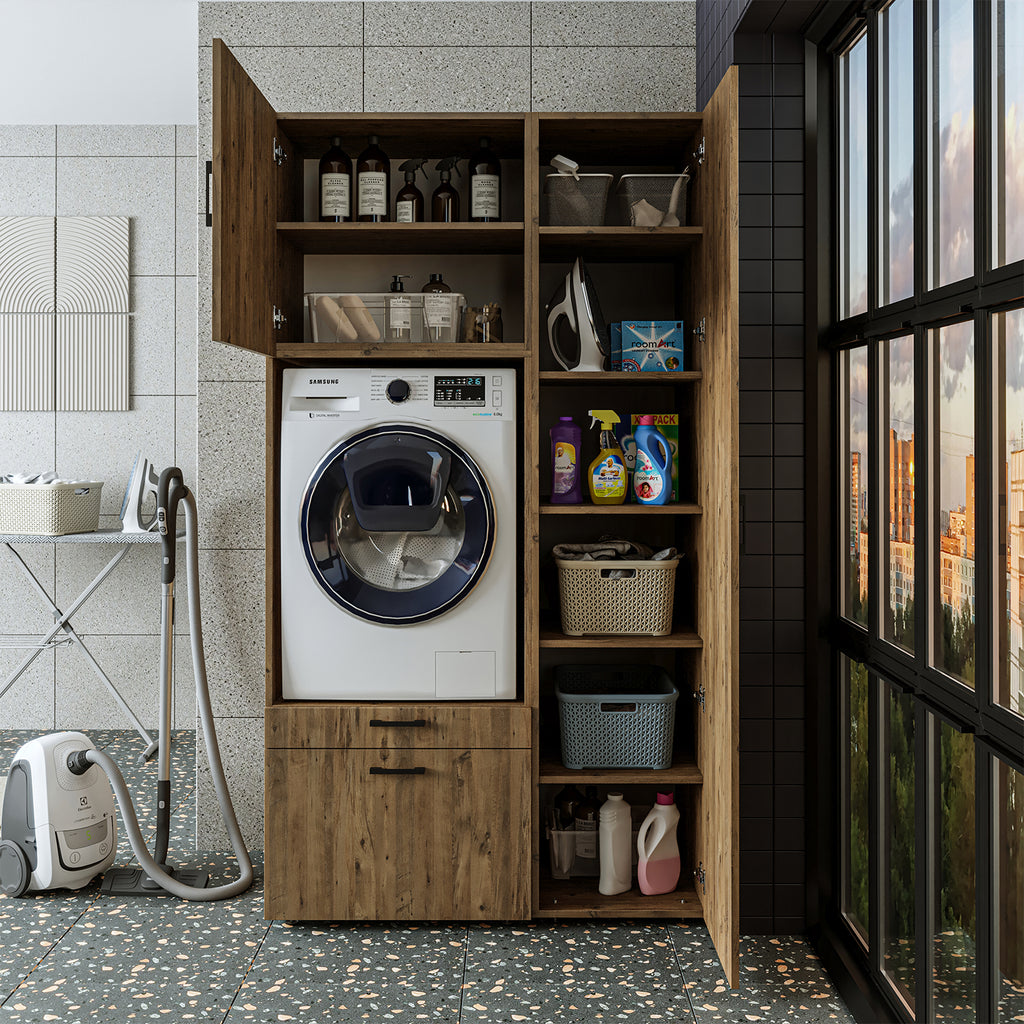 Roomart Waschmaschinenschrank SERIE 2 – Überbauschrank mit Schublade, Überbauschrank für Waschküche & Hauswirtschaftsraum – mit Ausziehbrett & Schublade – in 3 Farben