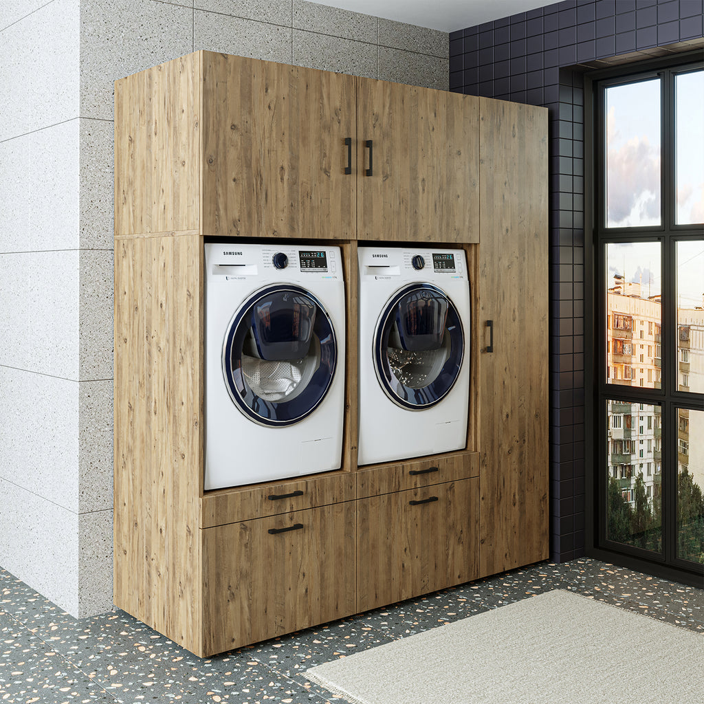 Roomart Waschmaschinenschrank SERIE 2 – Überbauschrank mit Schublade, Überbauschrank für Waschküche & Hauswirtschaftsraum – mit Ausziehbrett & Schublade – in 3 Farben