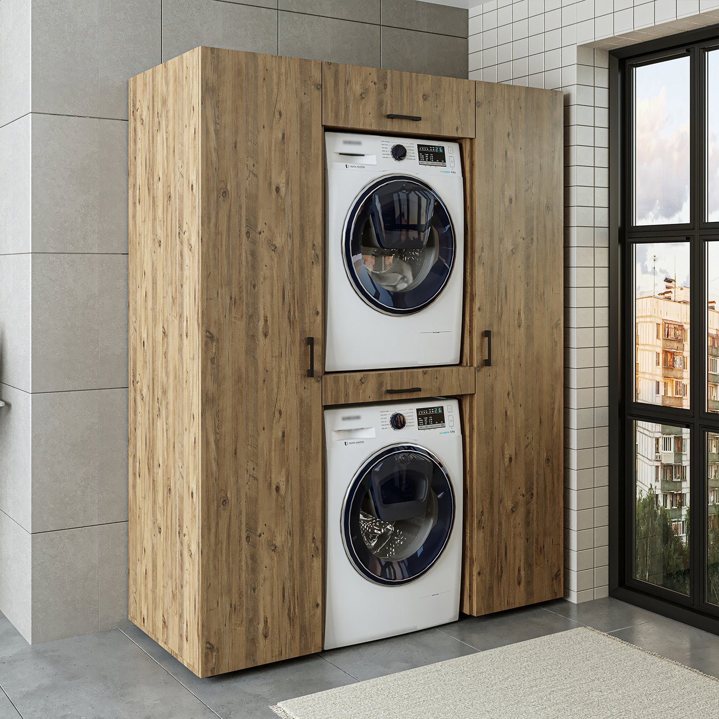 Roomart DUO-I Waschmaschinenschrank Schrankwand 157 cm – Waschmaschine & Trockner + Hochschrank | in 3 Farben