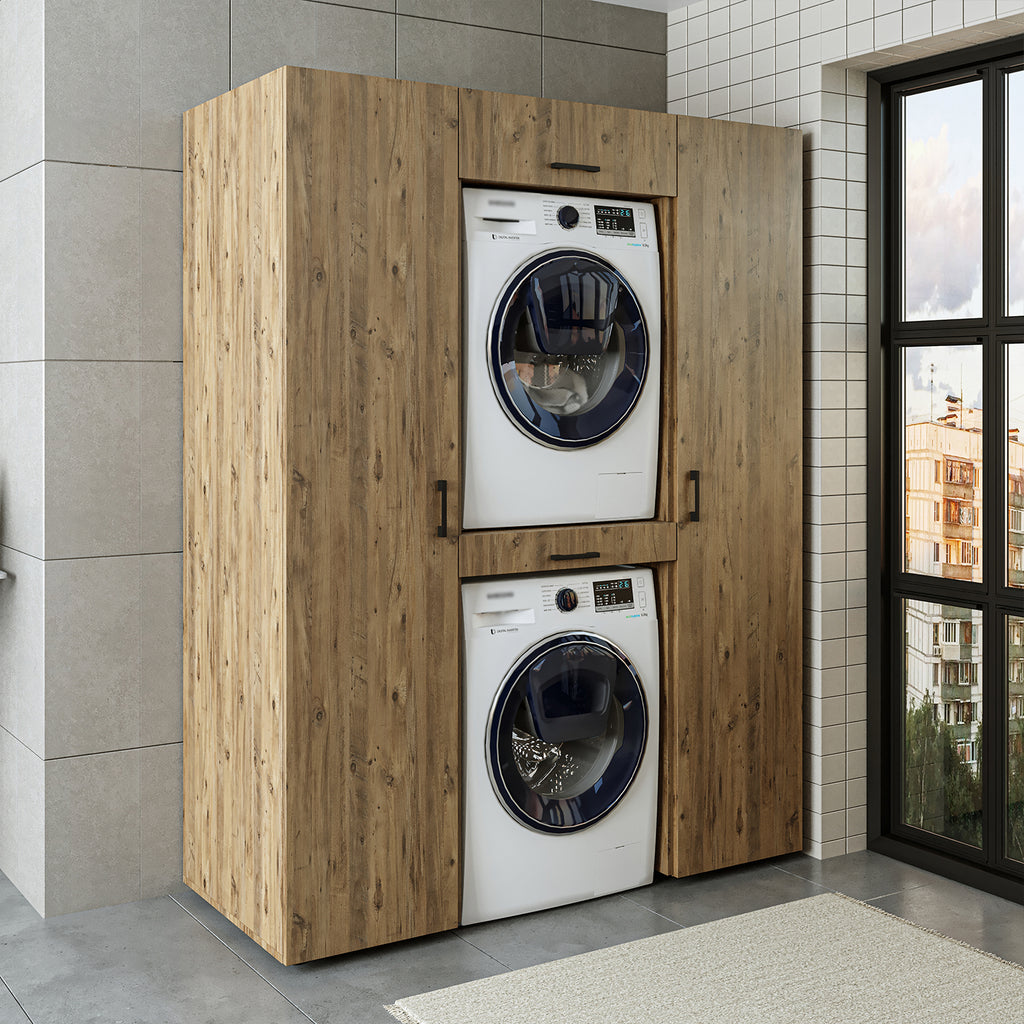 Roomart DUO-I Waschmaschinenschrank Schrankwand 157 cm – Waschmaschine & Trockner + Hochschrank | in 3 Farben