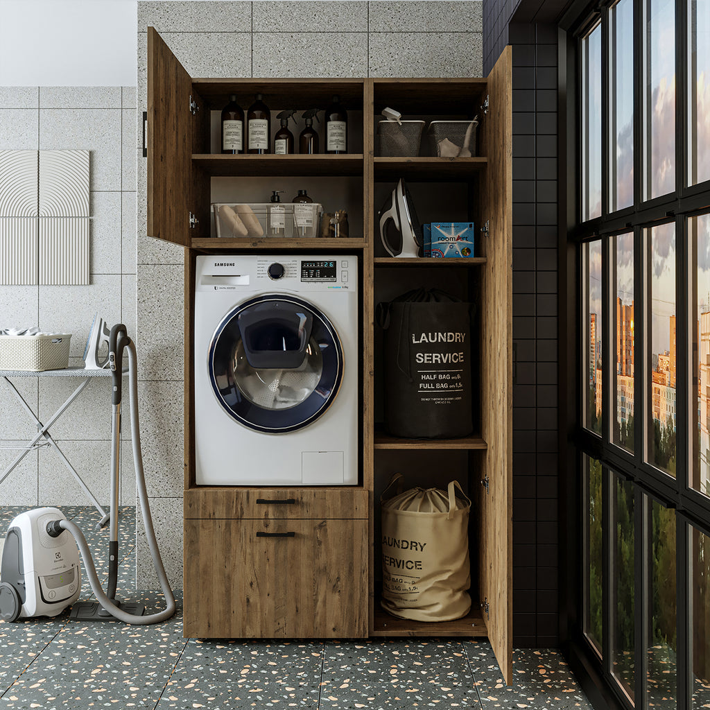 Roomart Waschmaschinenschrank SERIE 2 – Überbauschrank mit Schublade, Überbauschrank für Waschküche & Hauswirtschaftsraum – mit Ausziehbrett & Schublade – in 3 Farben