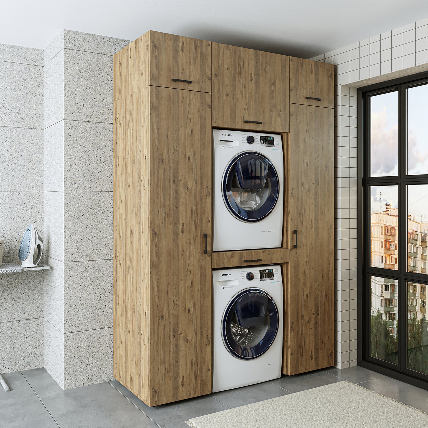 Roomart Waschmaschinenschrank DUO I – 2 Geräte übereinander & Hochschrank, 157 cm