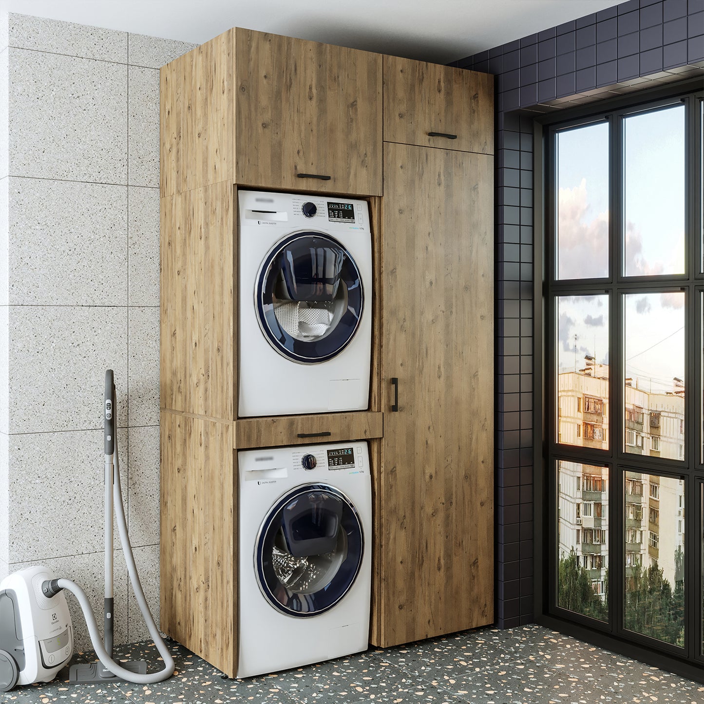 Roomart DUO-I Waschmaschinenschrank 127 cm – Waschmaschine & Trockner übereinander, Hochschrank
