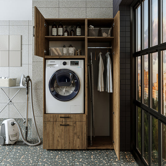 Roomart Waschmaschinenschrank mit Ausziehbrett, 112 cm breit - SERIE 2  – Waschmaschinenüberbau für Waschmaschine & Trockner, Waschturm-Schrank mit Stauraum für Bad & Waschküche