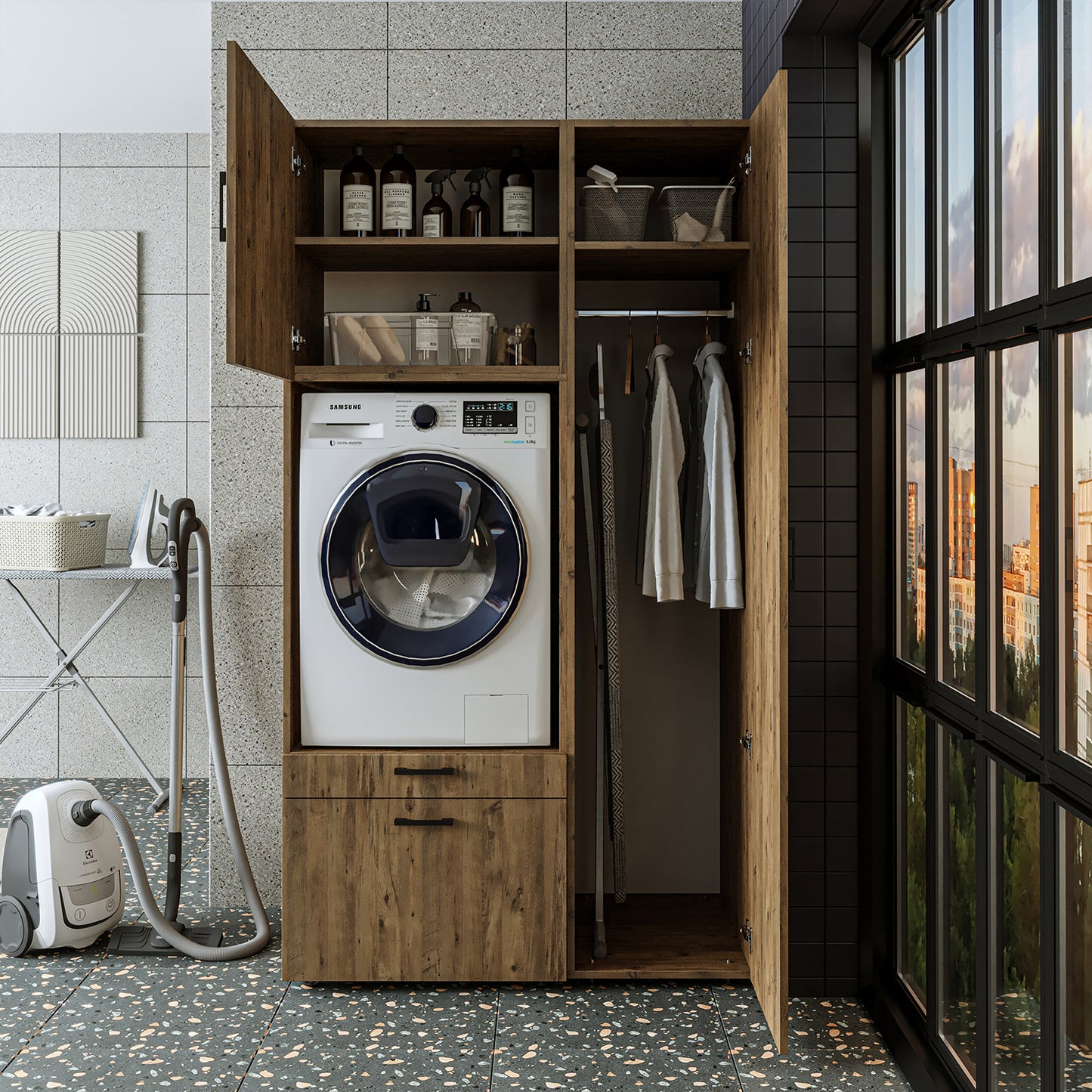 Roomart Waschmaschinenschrank SERIE 2 – Überbauschrank mit Schublade, Überbauschrank für Waschküche & Hauswirtschaftsraum – mit Ausziehbrett & Schublade – in 3 Farben