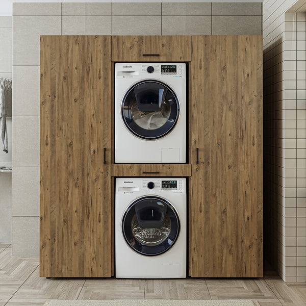 Roomart Schrankwand Waschküche – SERIE DUO-I-  187 cm breit, Trockner auf Waschmaschine (Waschturm) – 187 cm breit – Waschmaschinenschrank mit Stauraum – Weiß / Schwarz-Eiche